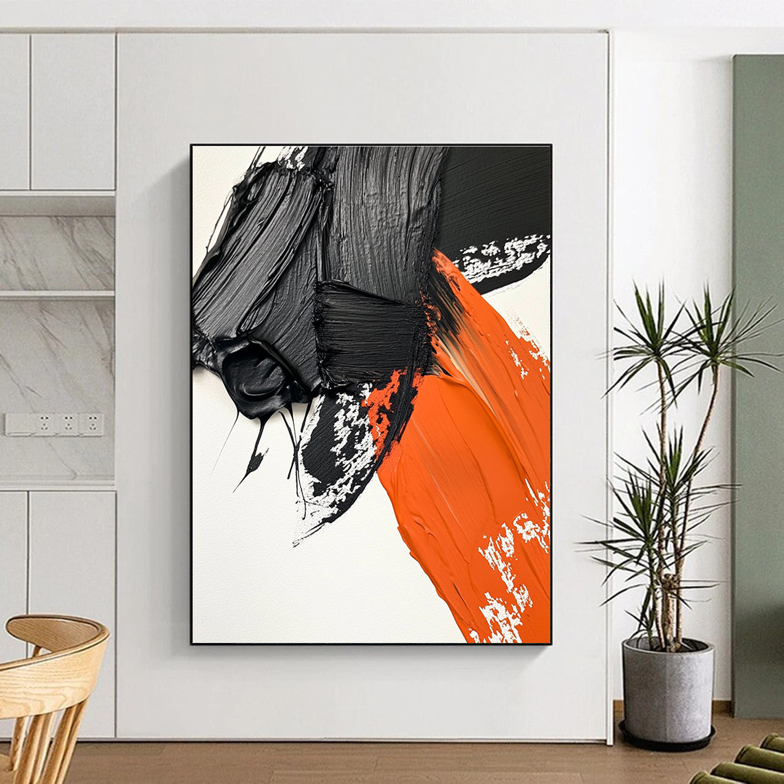Black and Orange Textured Strokes Abstract Painting with Dynamic Energy WINK048