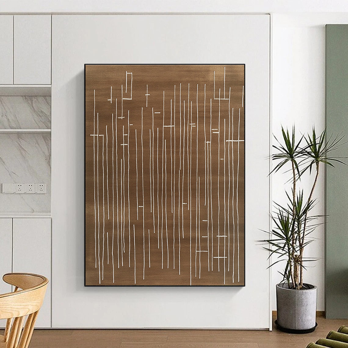 Brown and White Line Abstract Painting with Minimalist Design GAB0049