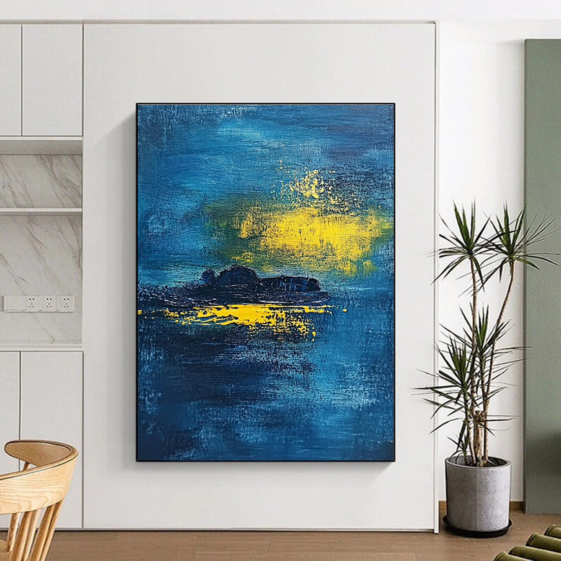 Blue Sea with Yellow Light - Mysterious Coastal Abstract Art GAB0469