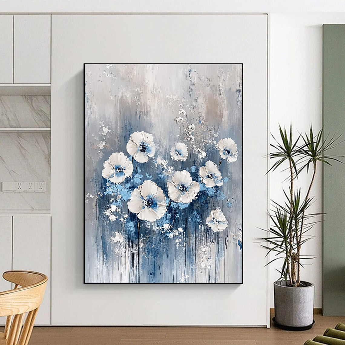 White and Blue Floral Abstract - Textured Botanical Abstract Art GAB0466