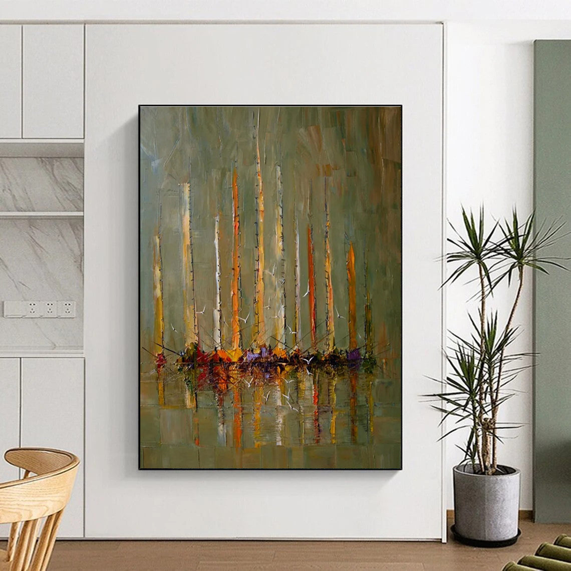 Sailboats on Calm Water Abstract Painting for Nautical - Inspired Spaces HENG330
