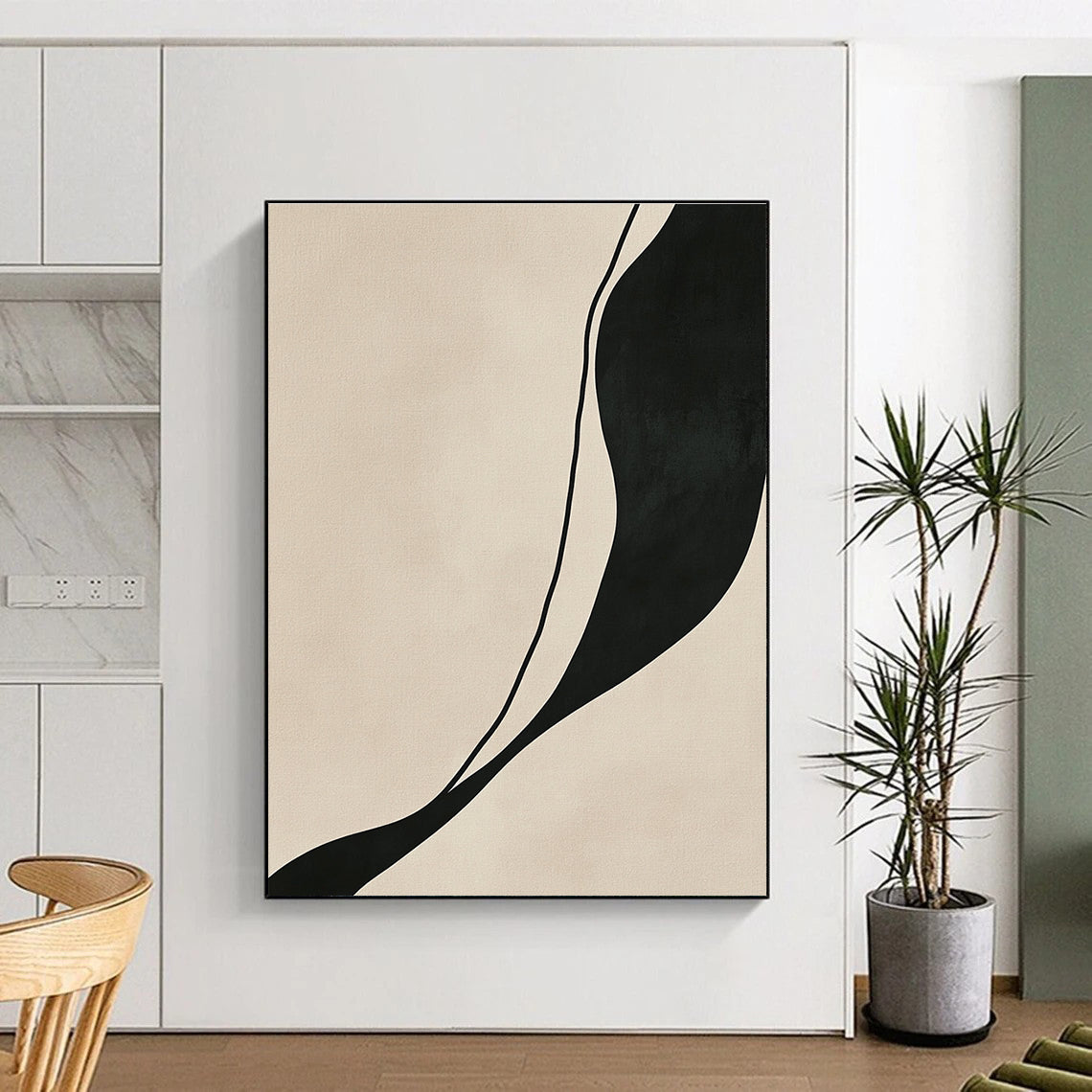Black and Beige Curved Abstract Painting with Fluid Lines WINK843