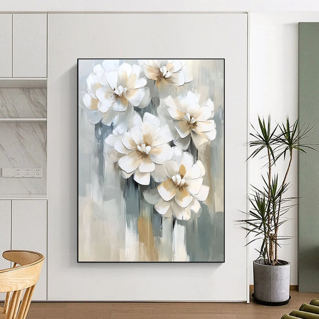 3D White Flowers Contemporary Abstract Painting for Elegant Spaces GAB1523
