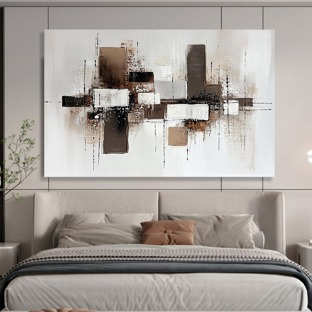 Brown and White Geometric Abstract with Textured Splatters Abstract Painting ABS372