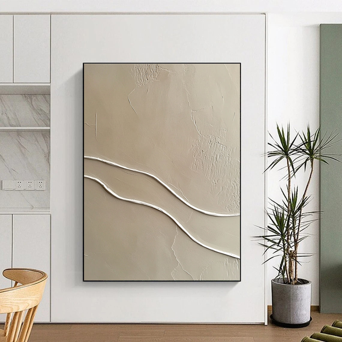 Beige with White Curved Lines Abstract Painting with Subtle Textures GAB0065