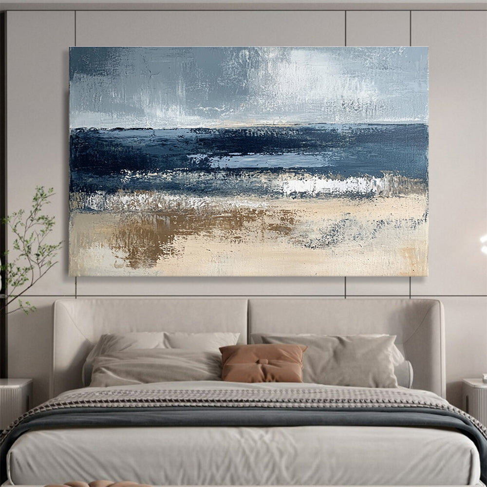 Gray and Blue Abstract Coast with Textured Sea and Sand Abstract Painting ABS362