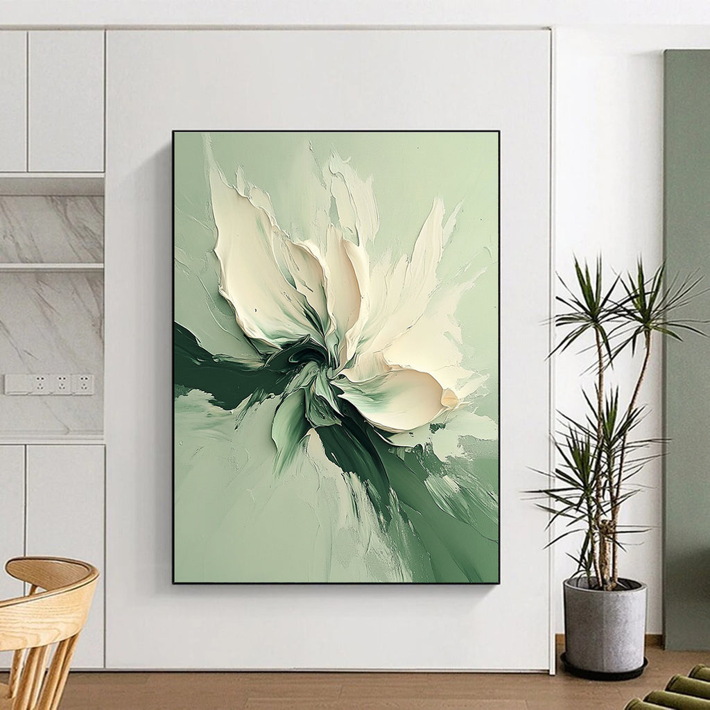 Green White Flower Abstract Painting with Textured Floral WINK569