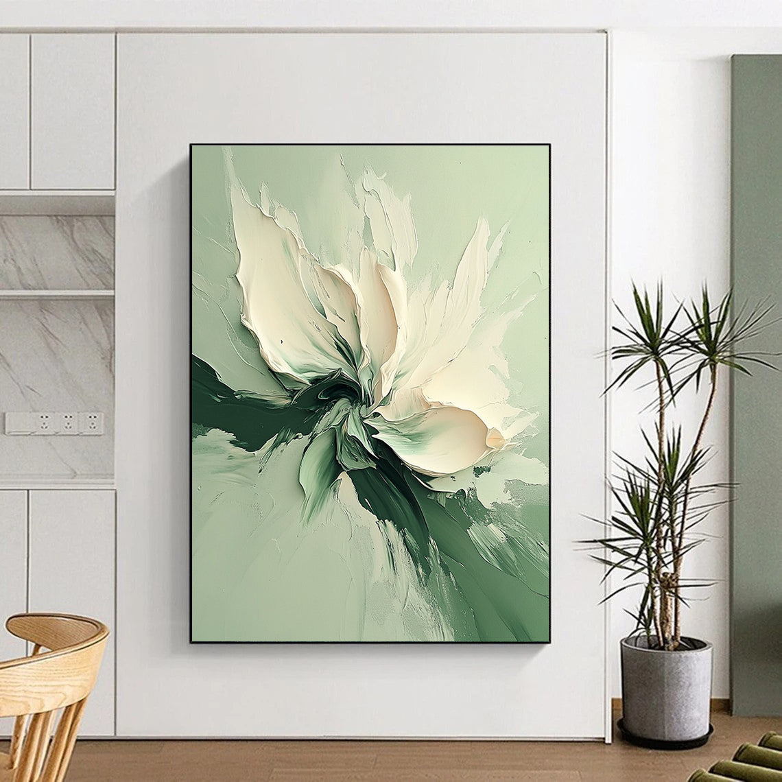 Green White Flower Abstract Painting with Textured Floral WINK569