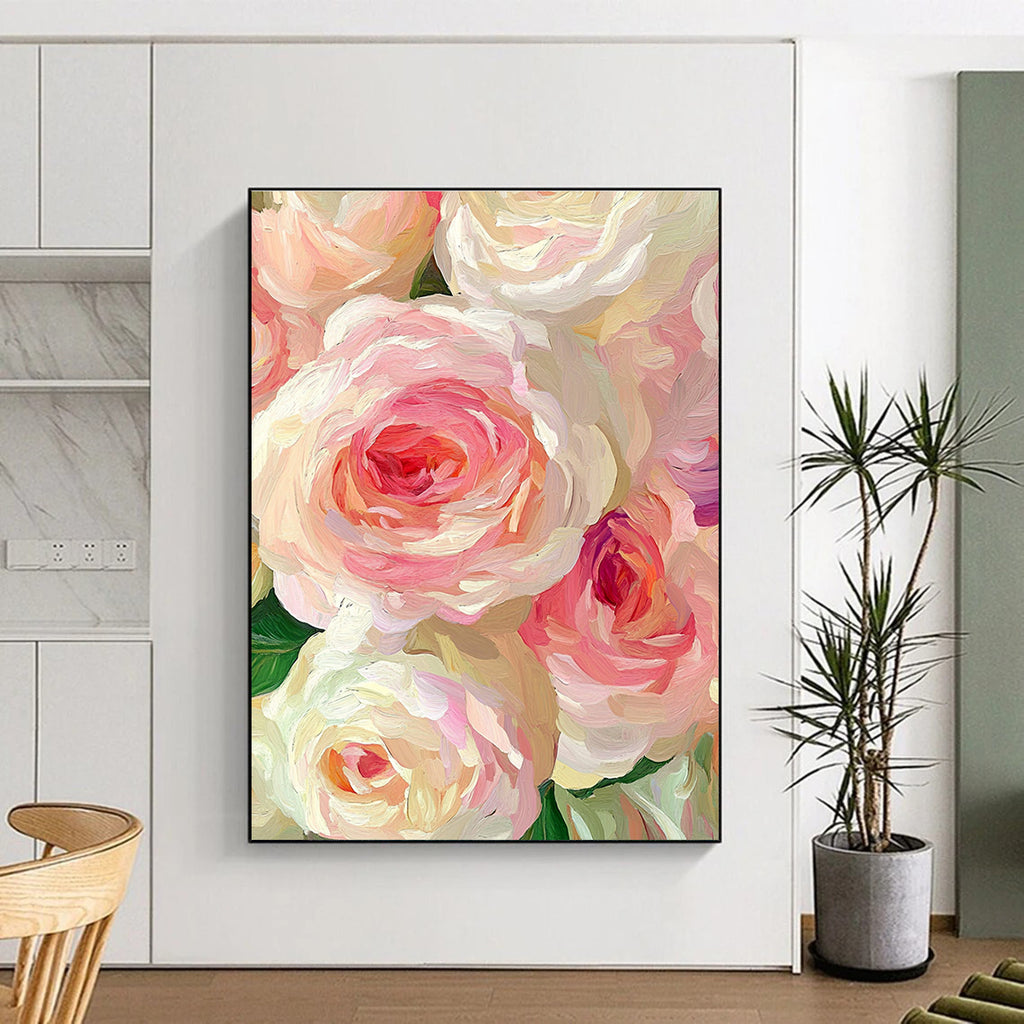Pink and White Rose Blooms Abstract Painting with Lush Textures GAB0068