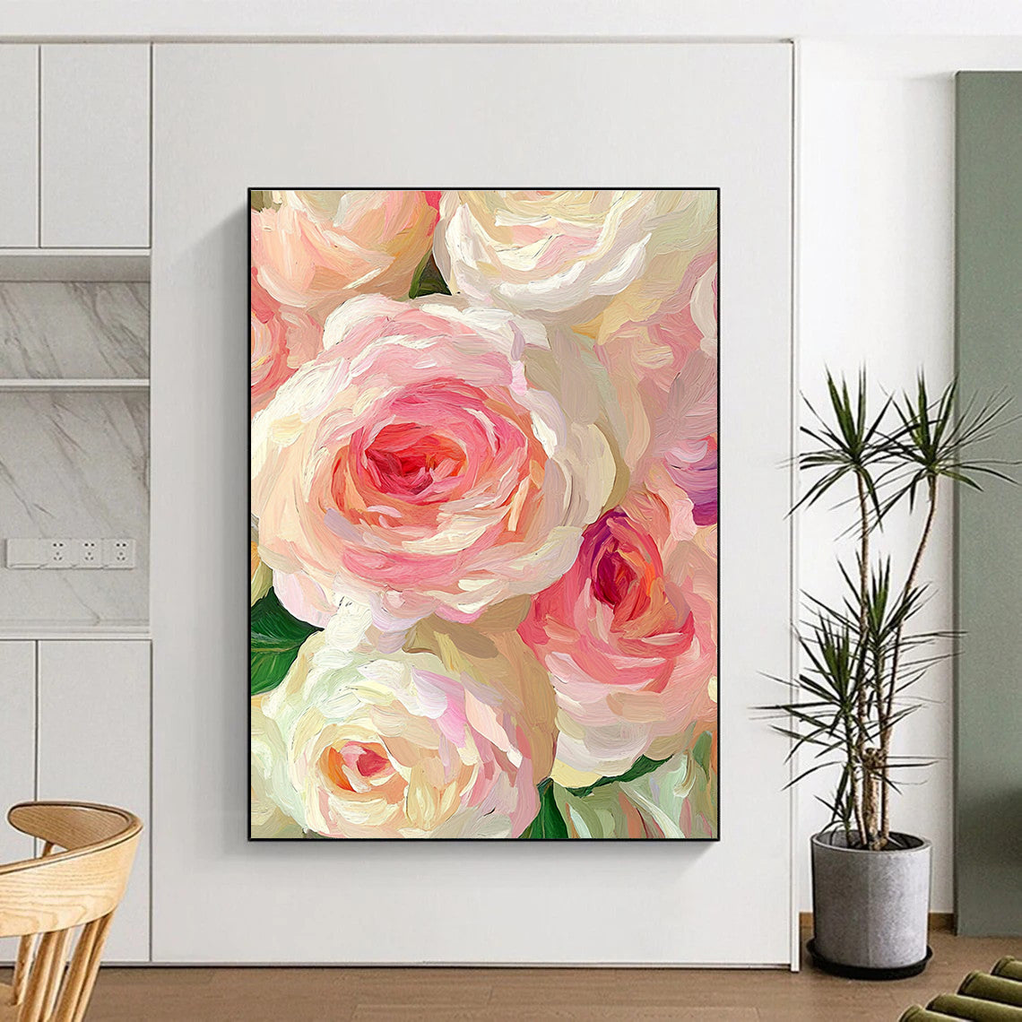 Pink and White Rose Blooms Abstract Painting with Lush Textures GAB0068