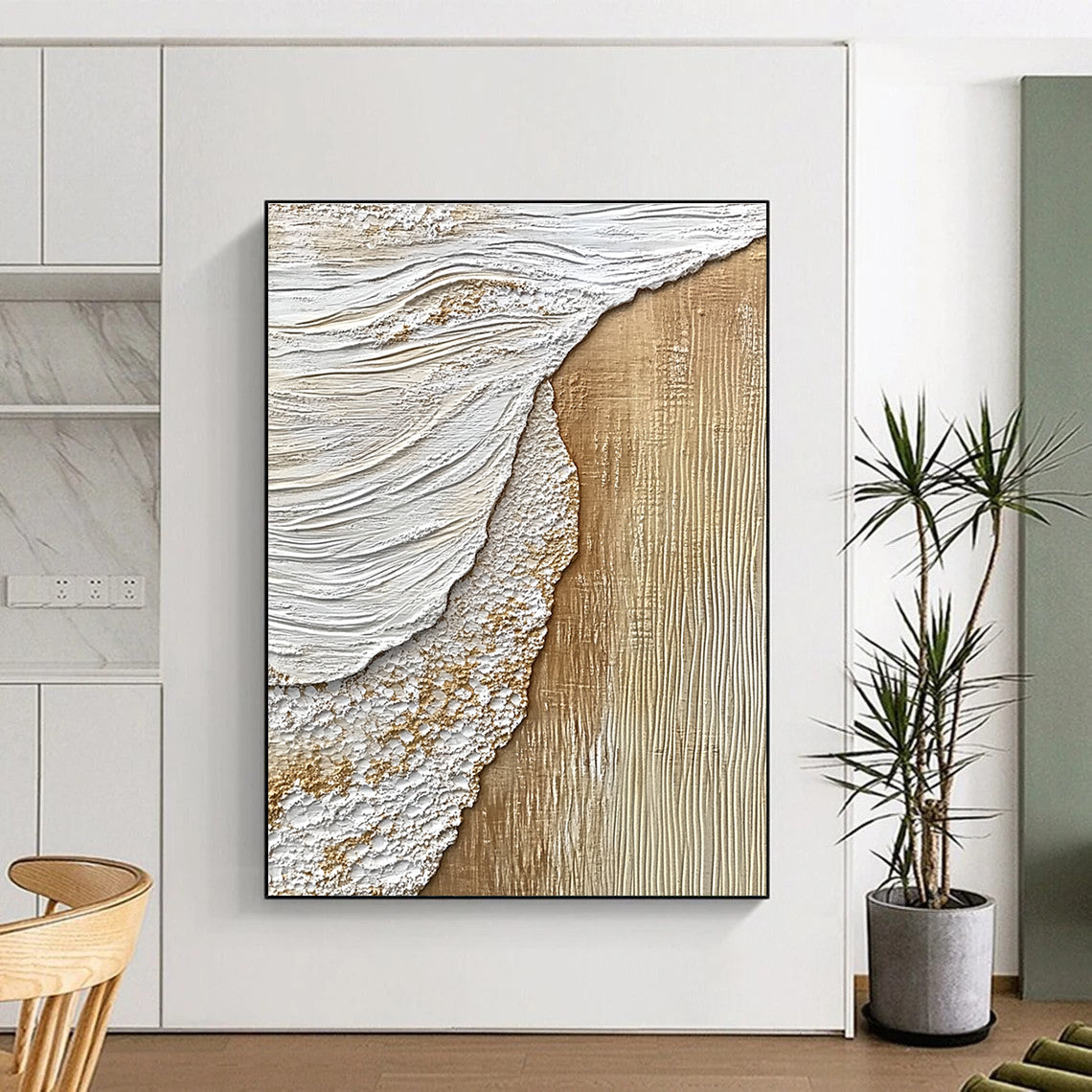 Beige and White Textured Shore Abstract Painting with Coastal Elements GAB0070