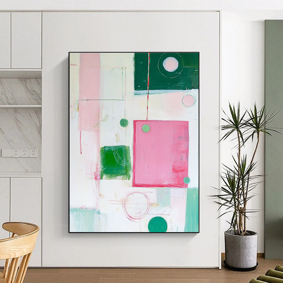 Pink Green White Abstract Painting with Playful Geometry WINK518