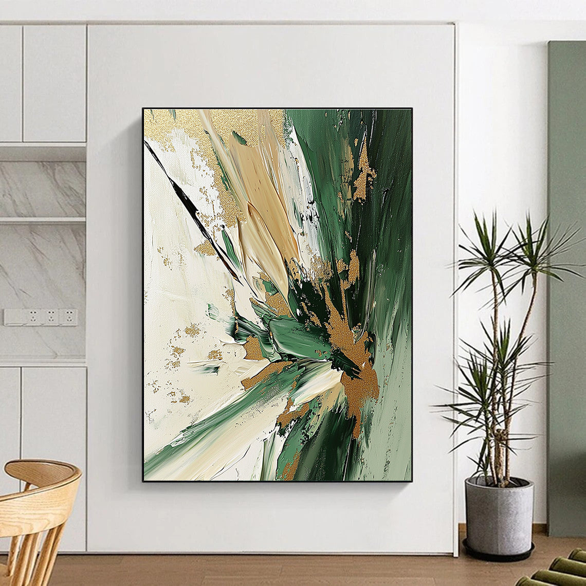 Textured Abstract Painting with Green and Gold Palette GAB0668