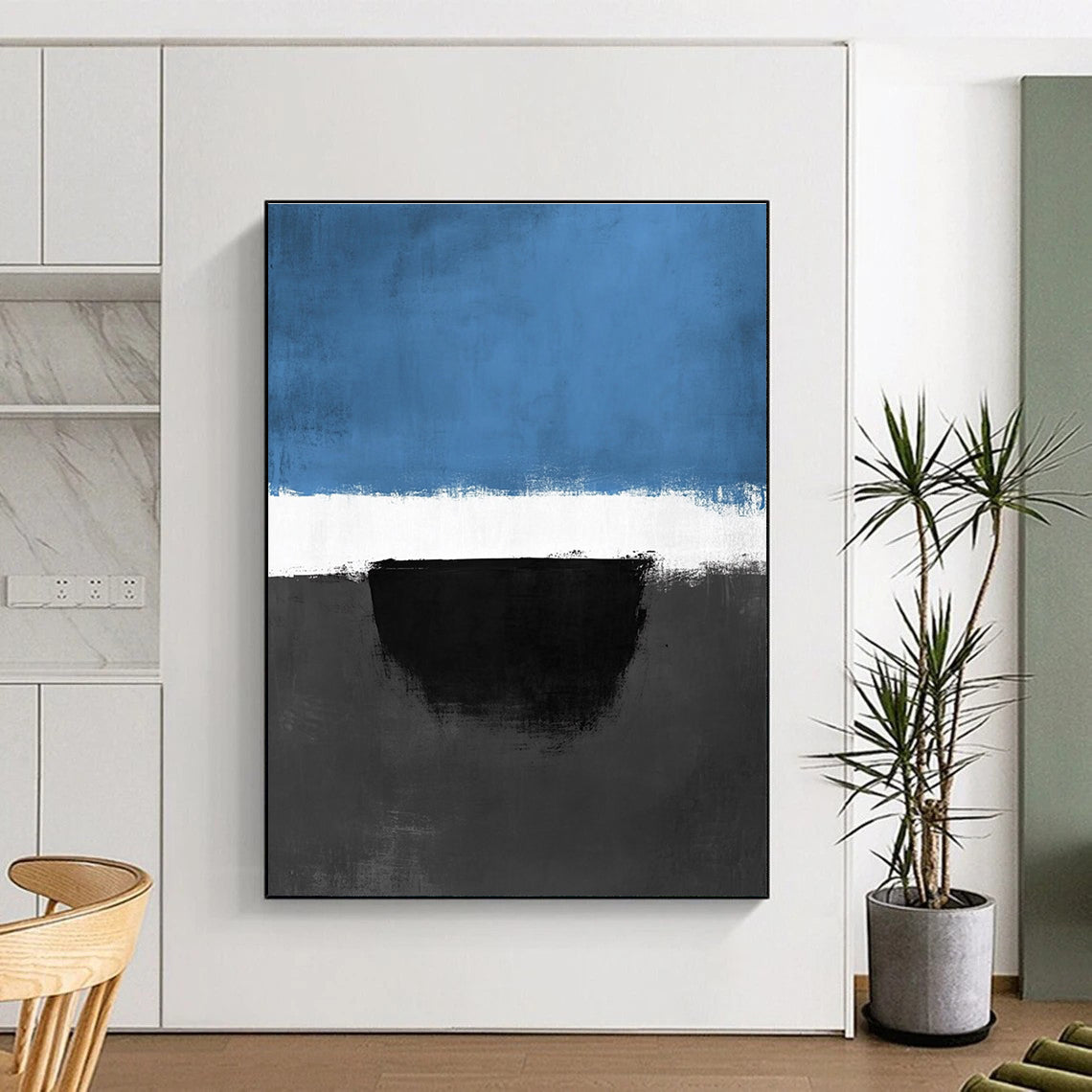 Blue Black and White Abstract Painting with Bold Contrasts WINK848