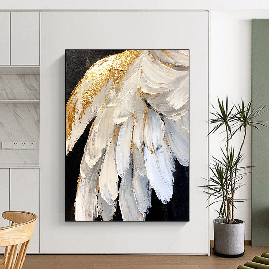 White - Gold Feather Textured Art - Luxe Minimalist Abstract Painting GAB0432