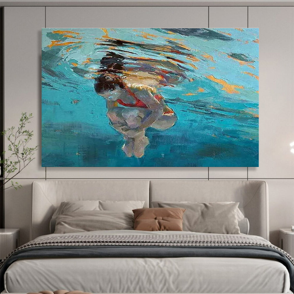 Underwater Swimmer Abstract Painting for Coastal Home Offices YHT247