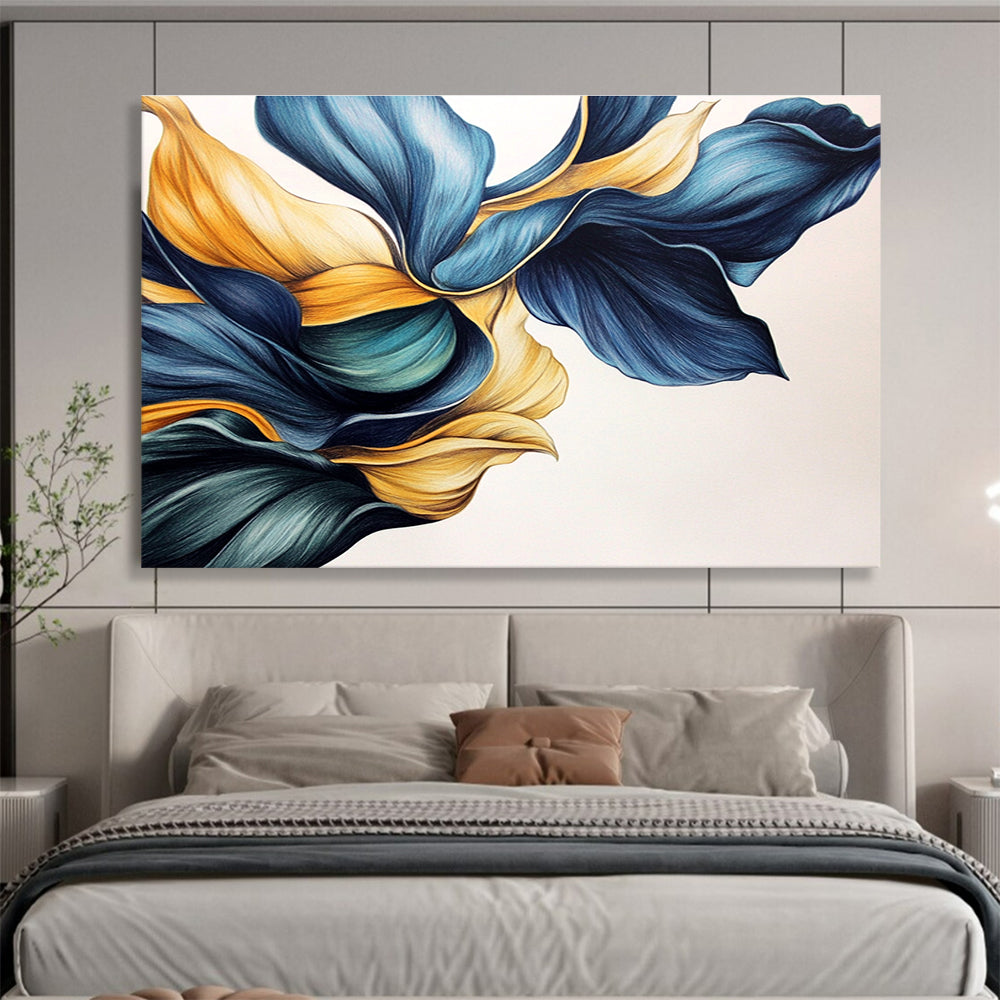 Blue and Gold Floral Shapes Abstract Painting with Elegant Fluidity ABS579