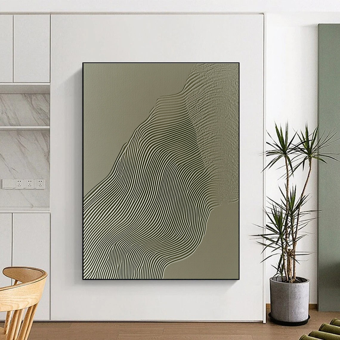 Green Wavy Lines on Grey Abstract Painting with Textured Patterns GAB0063