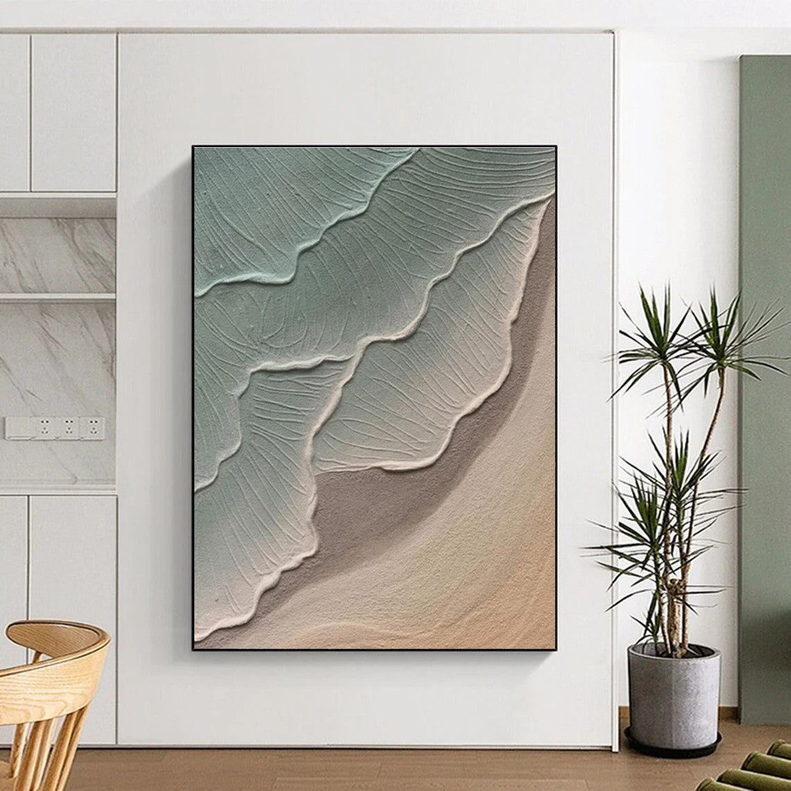 Textured Green and Beige Leaf - Like Abstract Painting for Contemporary Home Offices HENG519