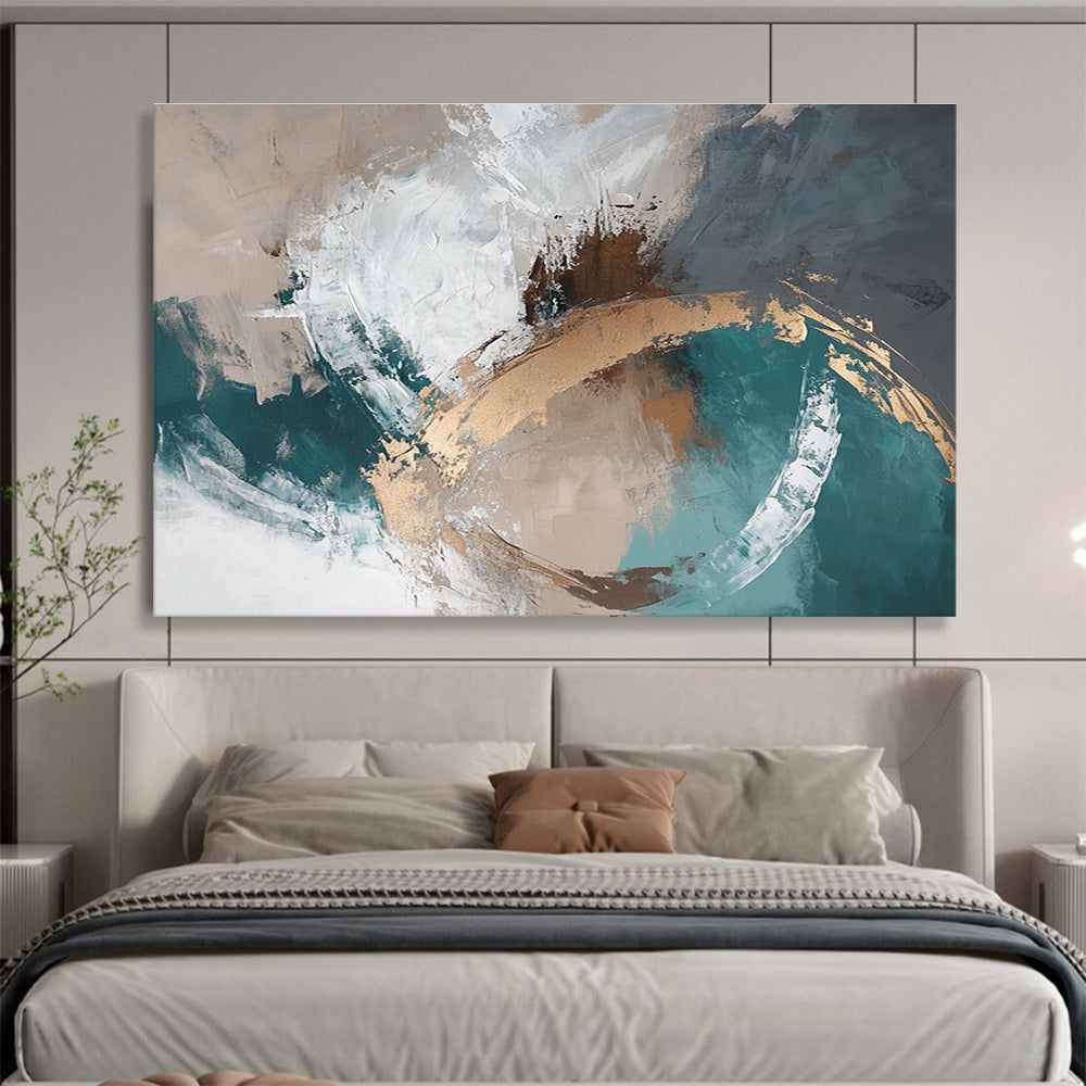 Beige, Teal and Gold Abstract Painting with Textured Layers ABS402