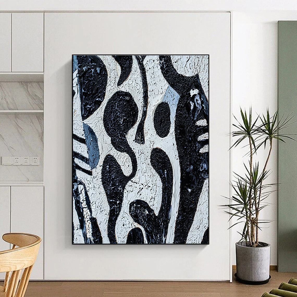 Black and White Textured Shapes Abstract Painting with Bold Contrast WINK050