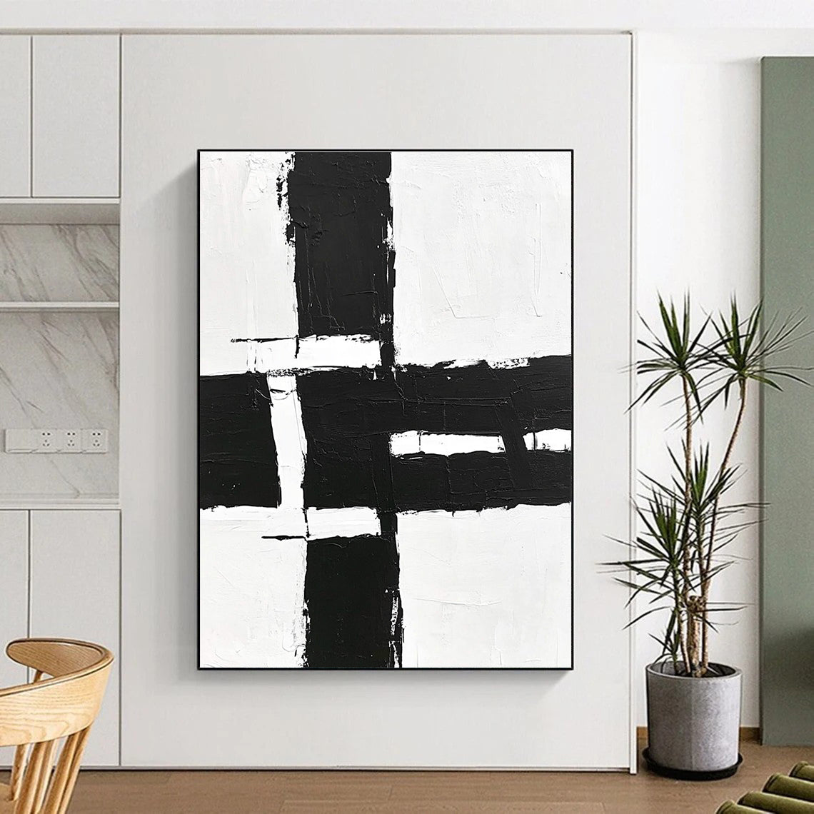 Geometric Black and White Abstract Painting with Structured Clarity WINK348