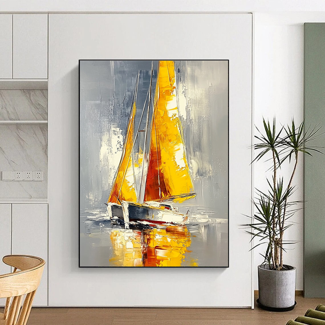 Yellow - Sailed Boat on Gray Water Abstract Painting for Nautical Spaces GAB1445
