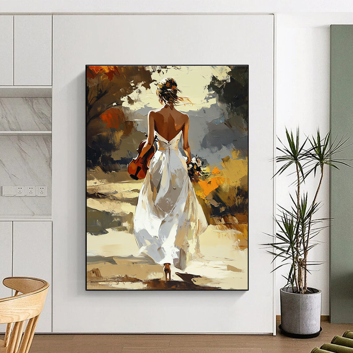 Woman with Violin in White Dress Romantic Abstract Painting for Artistic Spaces GAB1430