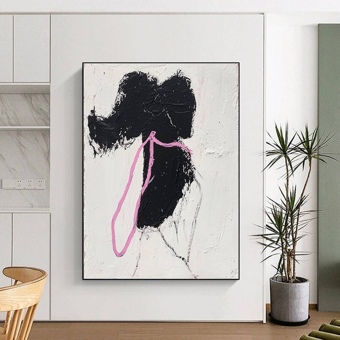 Black Silhouette with Pink Ribbon Abstract Painting for Feminine - Themed Boutiques GAB1376