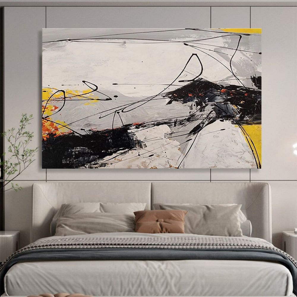 Dynamic Black - White - Yellow Abstract Energetic Painting for Bold Interiors YHT029