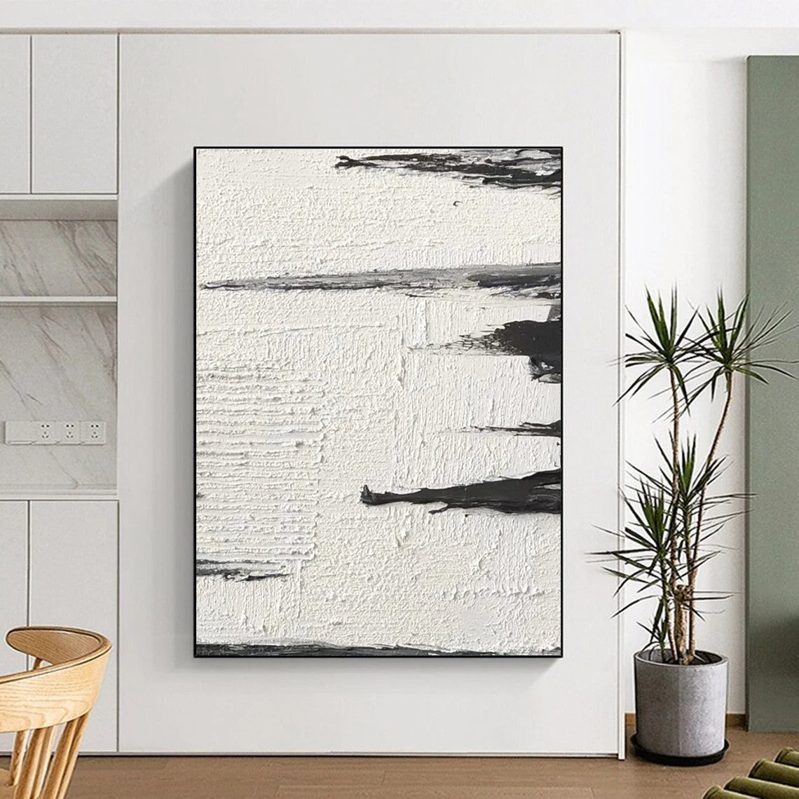 Black - White Textured Landscape Abstract Painting for Serene Home Offices HENG384