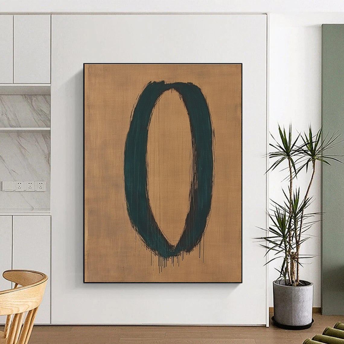 Dark Green Oval on Brown Abstract Painting with Bold Simplicity WINK033