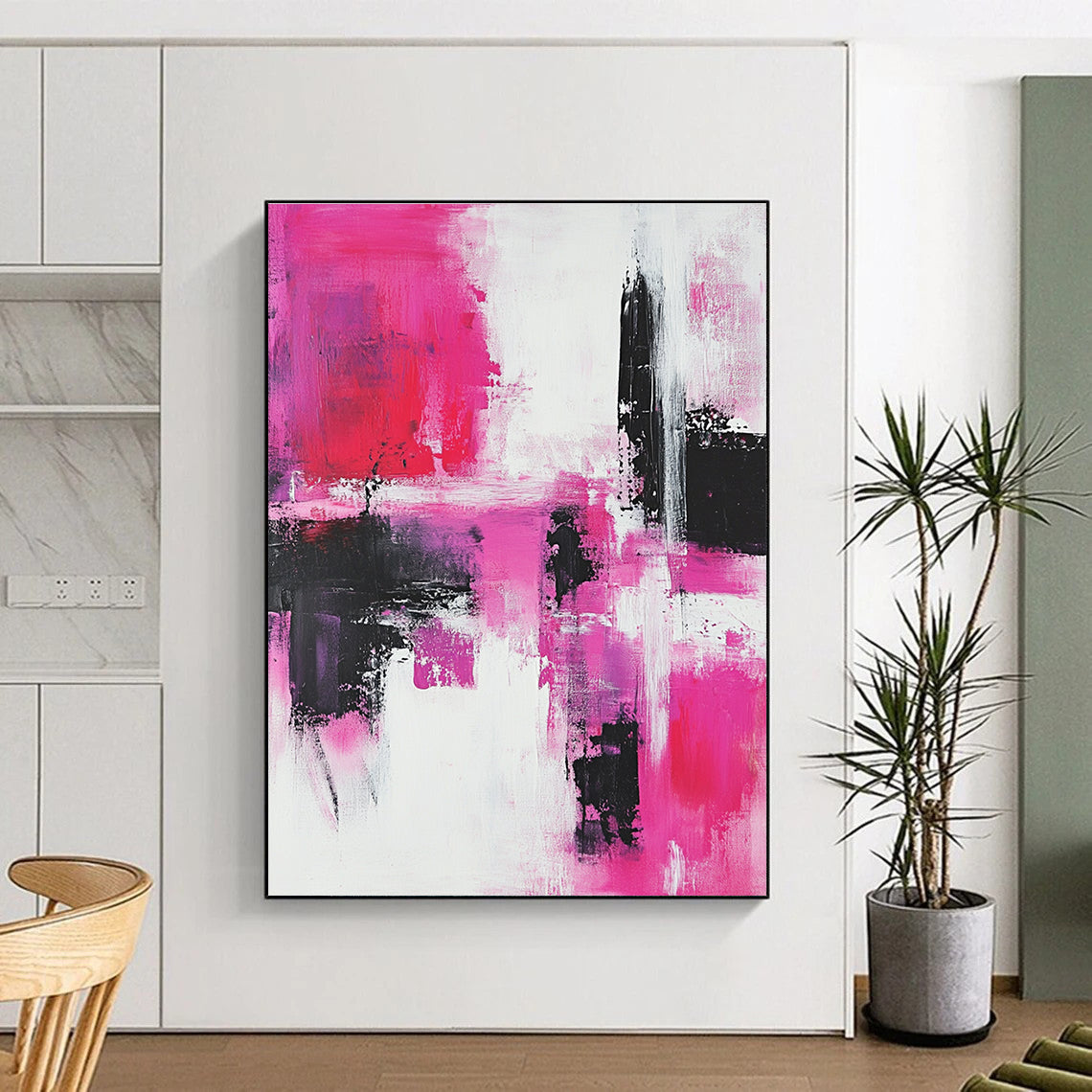 Bold Pink and Black Abstract Painting for Vibrant Interiors GAB0672