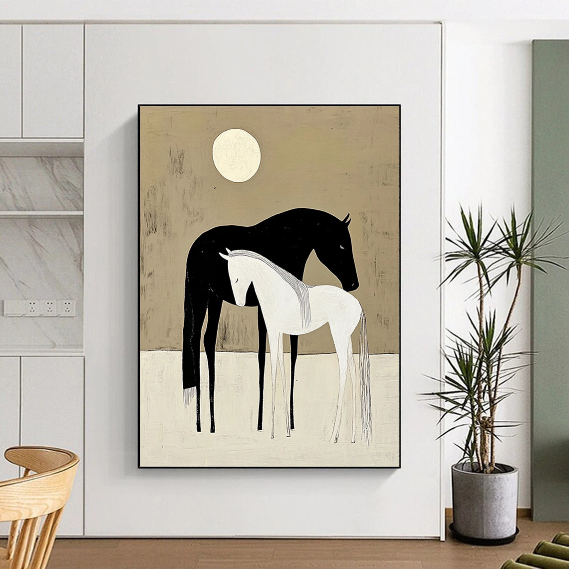 Serene Black and White Horses Under Moon Abstract Painting GAB0034