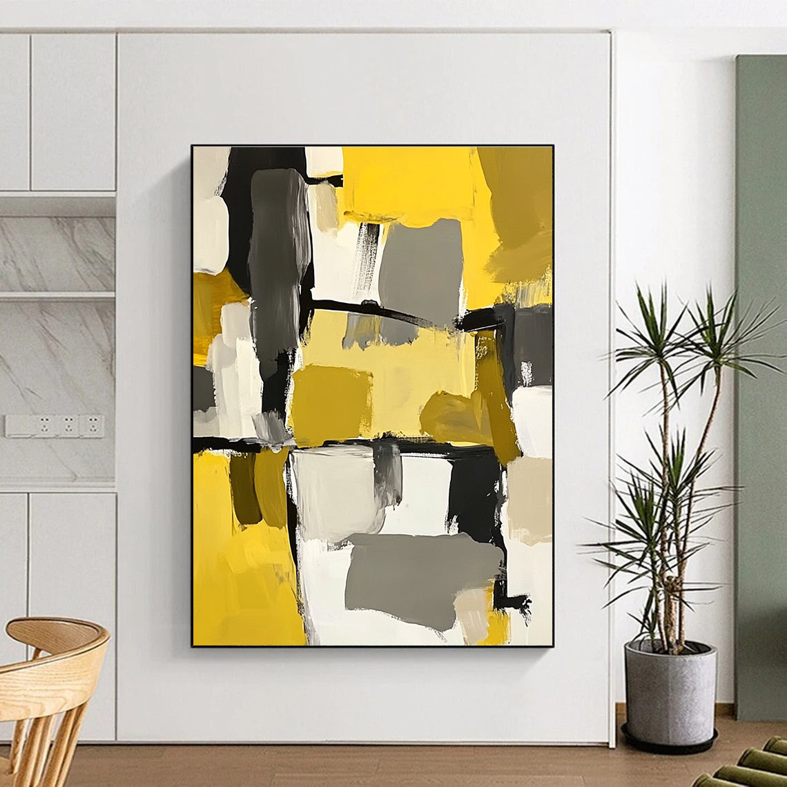 Yellow Gray Abstract Blocks Painting with Playful Composition WINK646