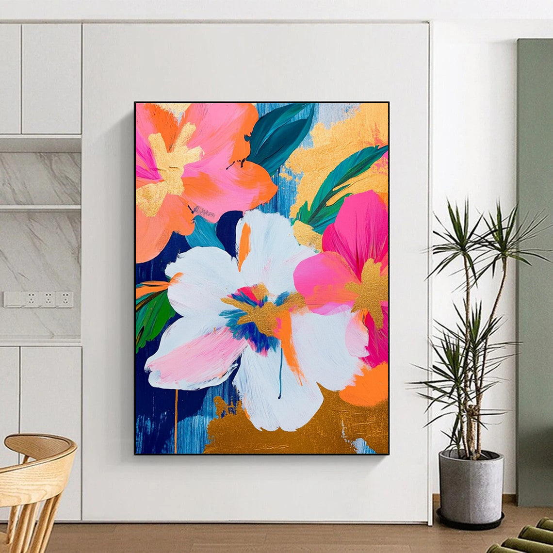 Cheerful Floral with Gold Accents Painting for Lively Interiors HENG284