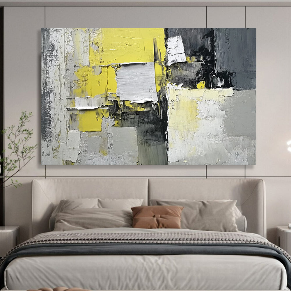 Yellow, Gray and Black Collage Abstract Painting with Textured Layers ABS399