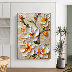 3D White Flowers with Orange Centers Textured Abstract Painting for Elegant Spaces GAB1442