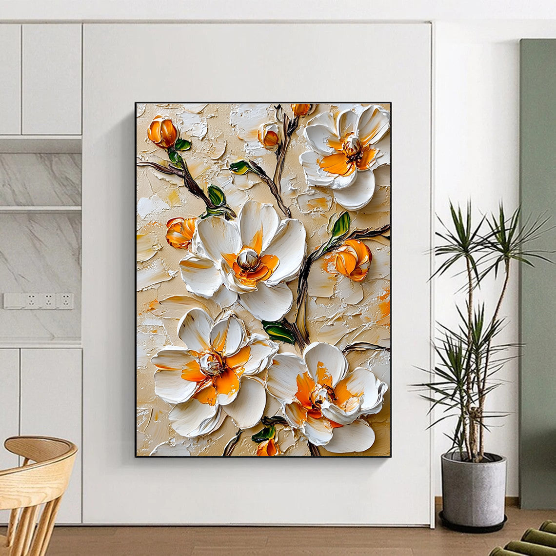 3D White Flowers with Orange Centers Textured Abstract Painting for Elegant Spaces GAB1442