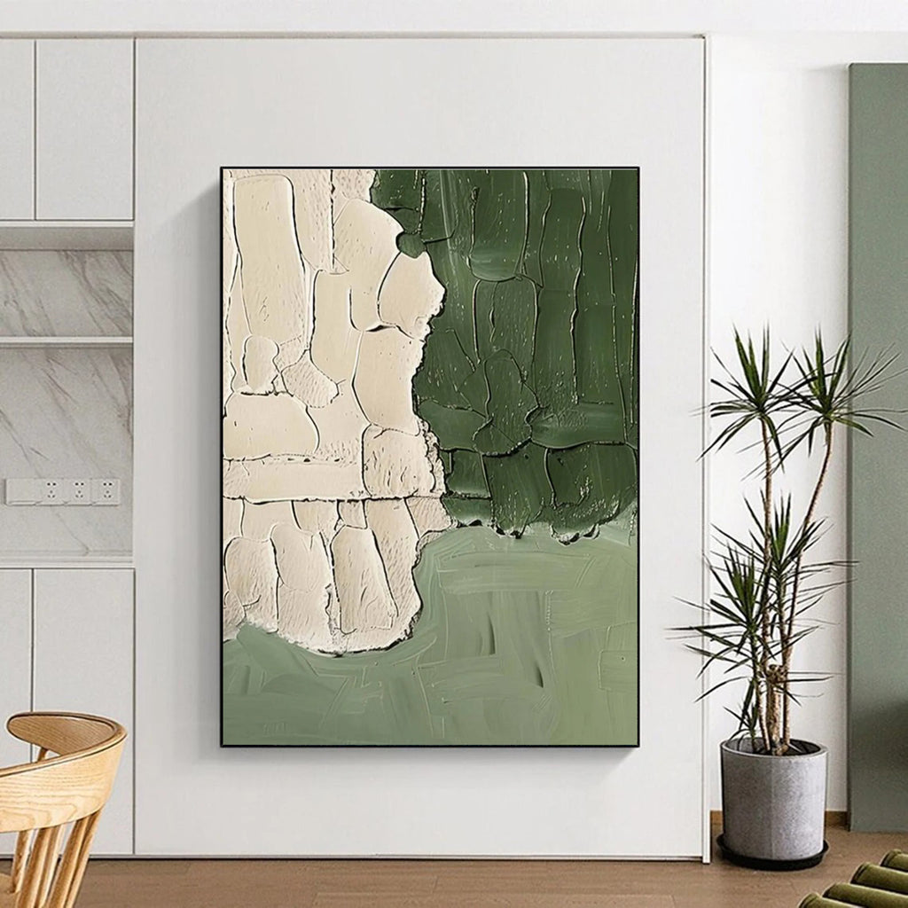 Textured Green and Beige Abstract Painting for Minimalist Bedrooms HENG501