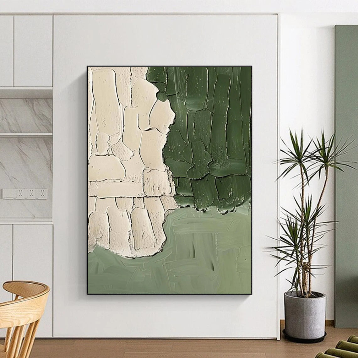 Textured Green and Beige Abstract Painting for Minimalist Bedrooms HENG501