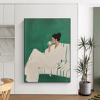 Leisurely Woman with Cup Abstract Painting in Green and White GAB0020