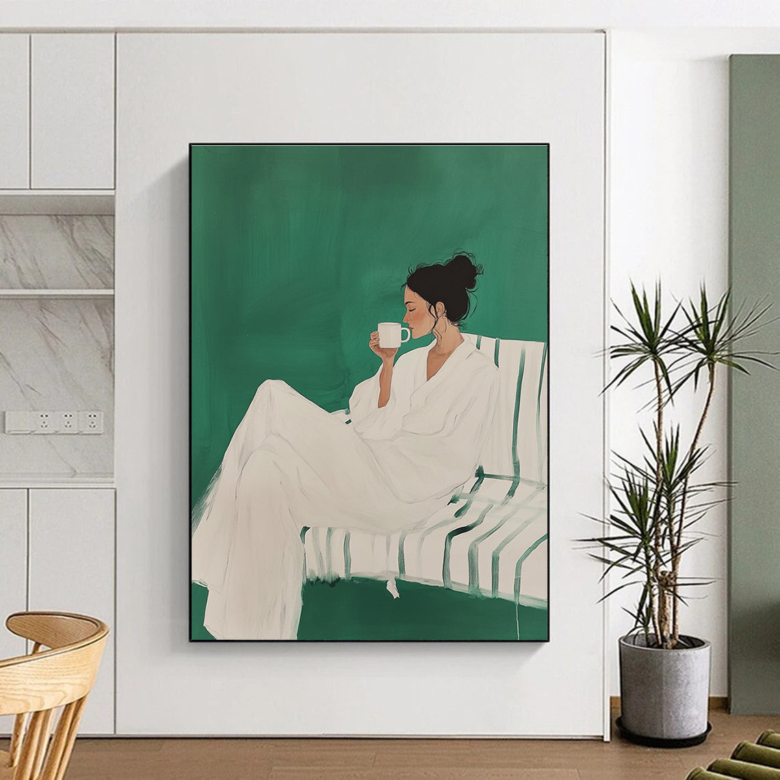 Leisurely Woman with Cup Abstract Painting in Green and White GAB0020