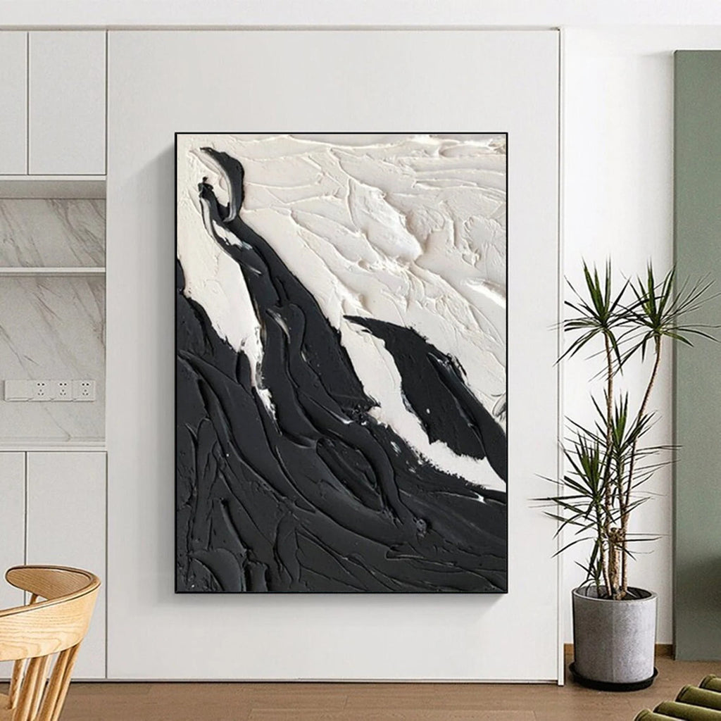 Black - White Textured Landscape Abstract Painting for Minimalist Bedrooms HENG395