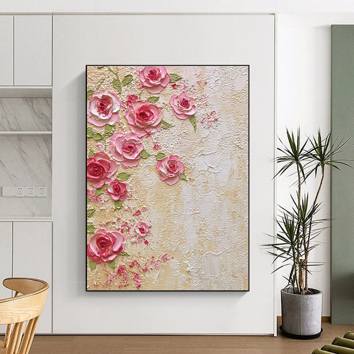 Pink Roses on Textured Wall Abstract Painting with 3D Effect GAB0051