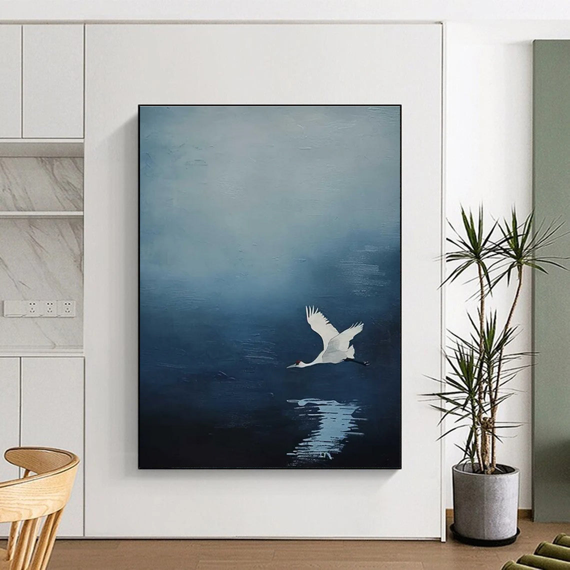 White Crane in Blue Sky Abstract Painting for Zen - Inspired Bedrooms HENG510