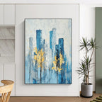 Blue Cityscape with Yellow Trees Serene Abstract Painting for Urban Homes GAB1402