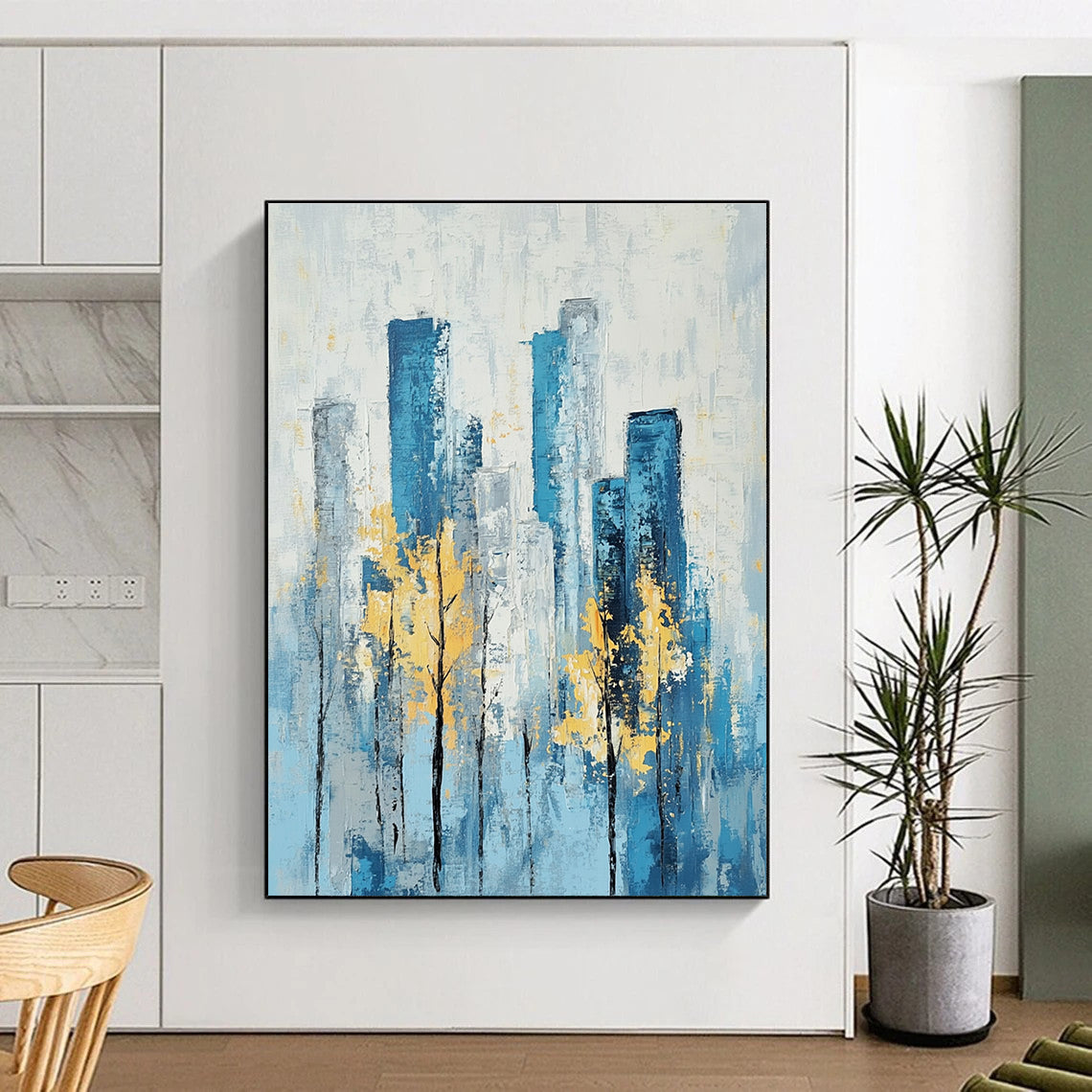Blue Cityscape with Yellow Trees Serene Abstract Painting for Urban Homes GAB1402