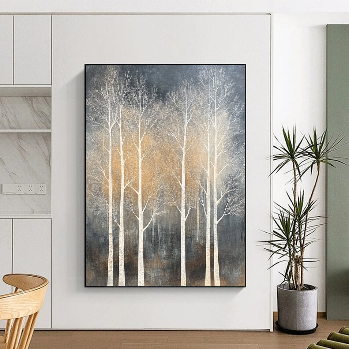 White Trees on Dark Background Abstract Painting for Nature - Inspired Living Rooms GAB0816