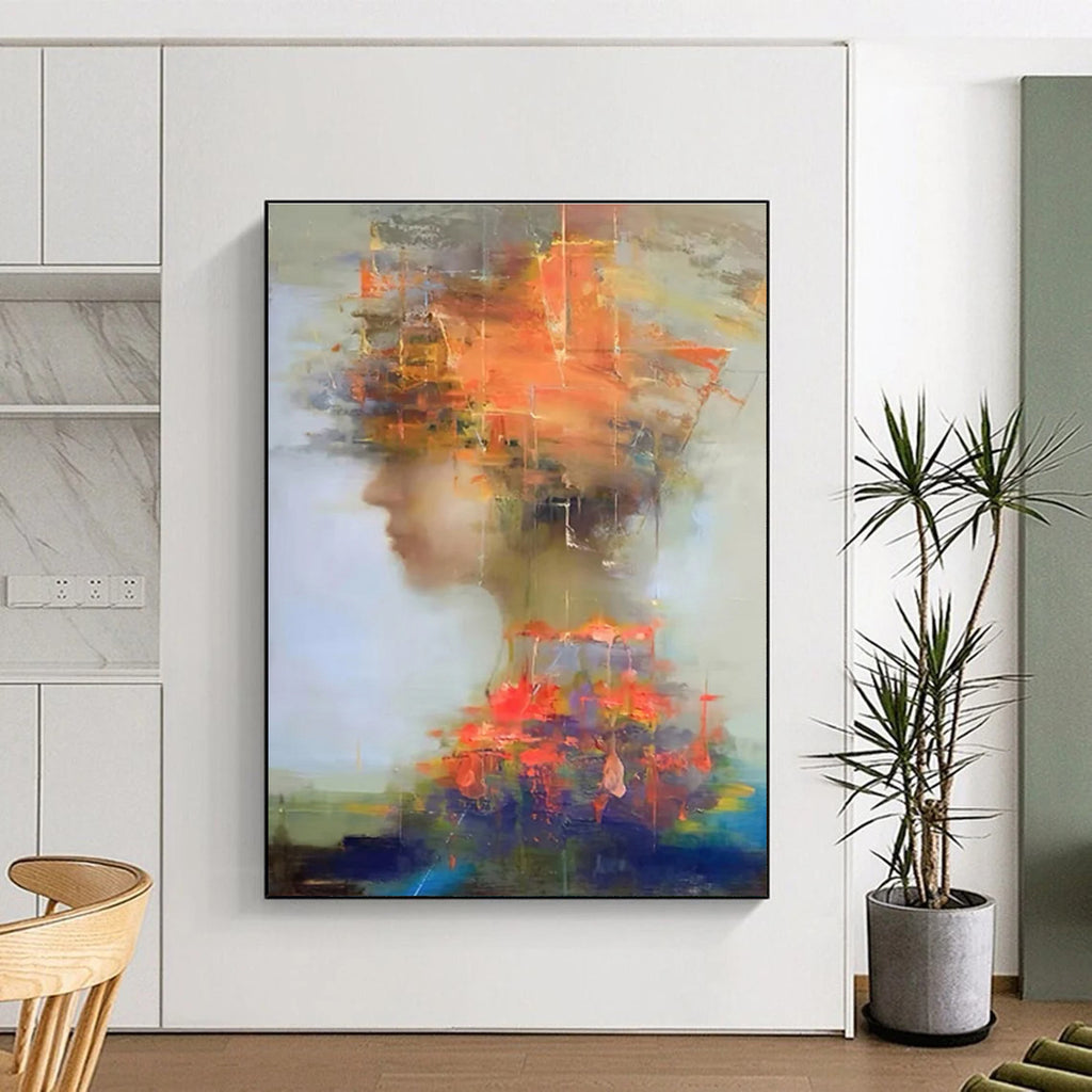 Abstract Figure with Colorful Overlays Painting for Expressive Interiors HENG318